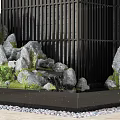 Garden Ornament Featuring Rockery Moss Green Plants Black Lattice and Small Water Pool