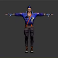 Man In Blue Jacket Standing With Arms Outstretched Decorative Cuffs Dark Pants Orange Shoes