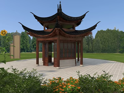 Traditional Chinese Style Pavilion With Wooden Structure Greenery Sunflower And Stone Stele 3d model