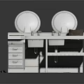 Double Stove Kitchen Countertop Setup With Pots Drawers And Cooking Utensils