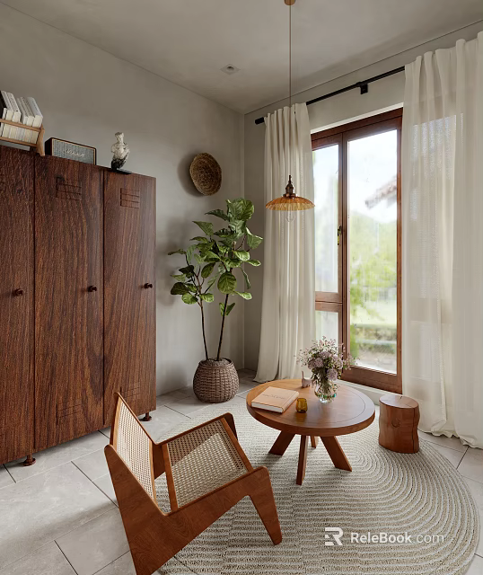 Cozy Living Room Interior Design With Wooden Wardrobe Green Plant And Natural Light 3d model 