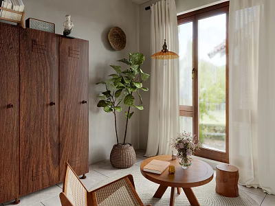 Cozy Living Room Interior Design With Wooden Wardrobe Green Plant And Natural Light 3d model