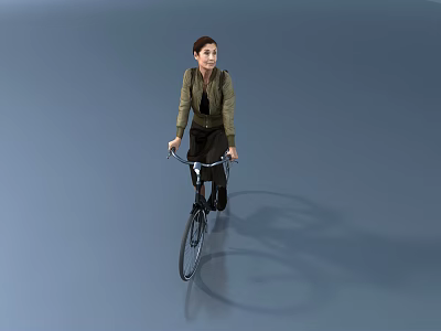 A Woman Riding a Bicycle Wearing Green Jacket and Black Pants on Gray Surface 3d model