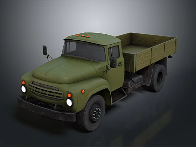 Vintage Military Green Army Truck With Open Cargo Bed Front Headlights And Side Mirrors 3d model