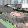 Modern School Building Featuring Multi Level Structure Green Courtyard And Walking Pedestrians