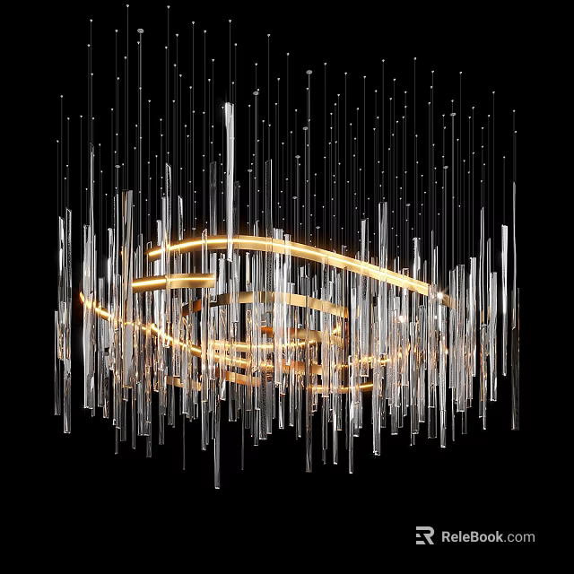 Modern Chandelier Design With Golden Circular Frames And Hanging Glass Rods 3d model 
