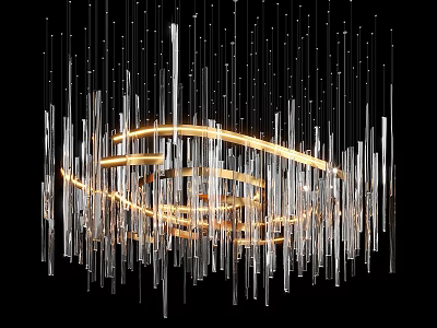 Modern Chandelier Design With Golden Circular Frames And Hanging Glass Rods 3d model