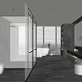 Elegant Modern Bathroom Interior With Glass Shower Bathtub Black Countertop And Large Windows Blinds