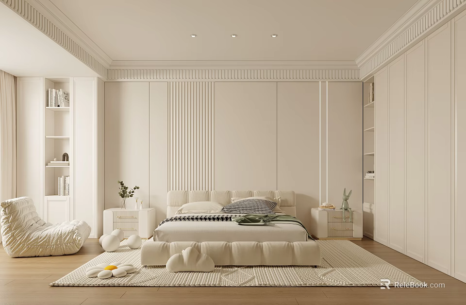 Modern Minimalist Bedroom Interior With Bed Bedside Tables Rug Wardrobes And Decorative Plants 3d model 