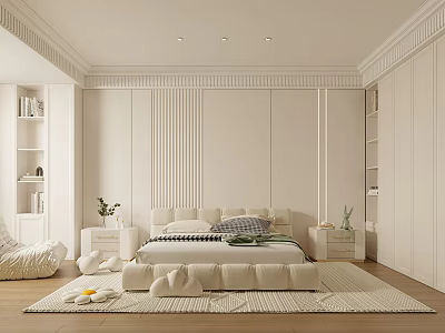 Modern Minimalist Bedroom Interior With Bed Bedside Tables Rug Wardrobes And Decorative Plants 3d model