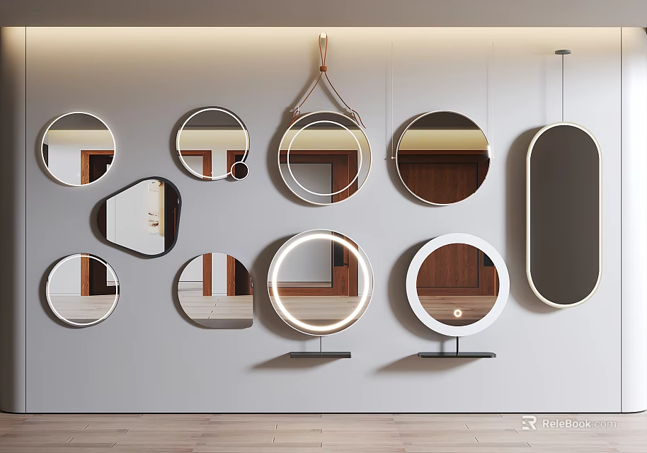 Modern Wall Mounted Mirrors In Various Shapes On Light Gray Wall 3d model 