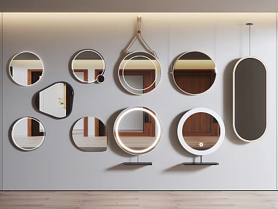 Modern Wall Mounted Mirrors In Various Shapes On Light Gray Wall 3d model
