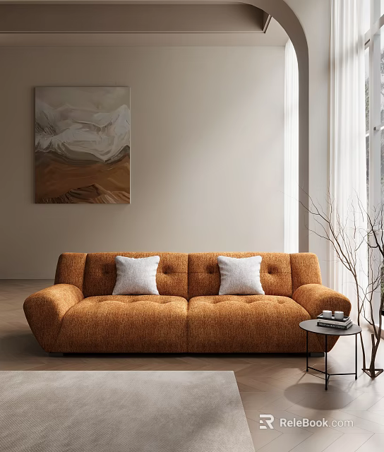 Modern Orange Sofa Set With White Cushions Abstract Wall Art And Books On Side Table 3d model 
