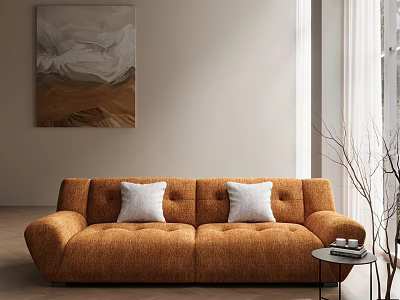Modern Orange Sofa Set With White Cushions Abstract Wall Art And Books On Side Table 3d model