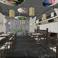 Traditional Chinese Restaurant With Red Lanterns Wooden Ceiling Round Window Stone Floor And Green Plants