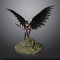 Man With Large Black Wings Holding Spear Standing On Stone Base
