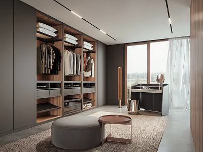 Modern Walk-in Closet Design with Hanging Clothes Folded Items Gray Cabinets Window and Side Table 3d model