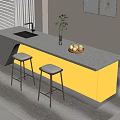 Modern Bar Counter with Gray Countertop Yellow Lighting Upholstered Stools Vase Plant and Fruit Bowl