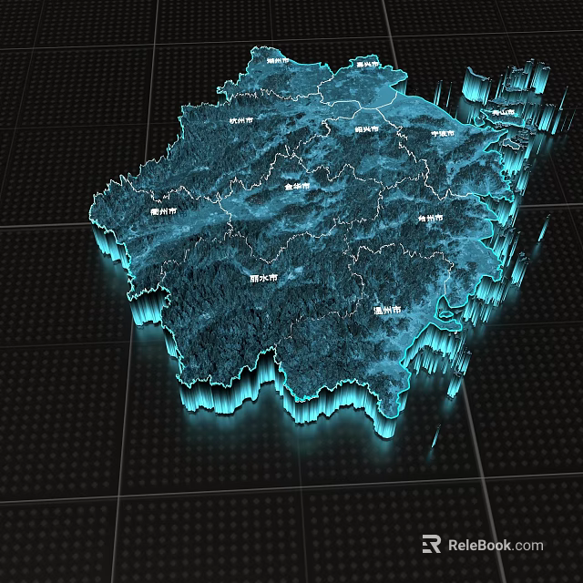 Blue Three Dimensional Regional Map With Mountain Texture And Grid Background 3d model 
