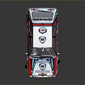 White Rally Car With Red Blue Stripes Sponsor Logos And Racing Wheels