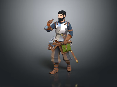 Fantasy Male Warrior Character in Medieval Armor With Sword and Leather Bag 3d model