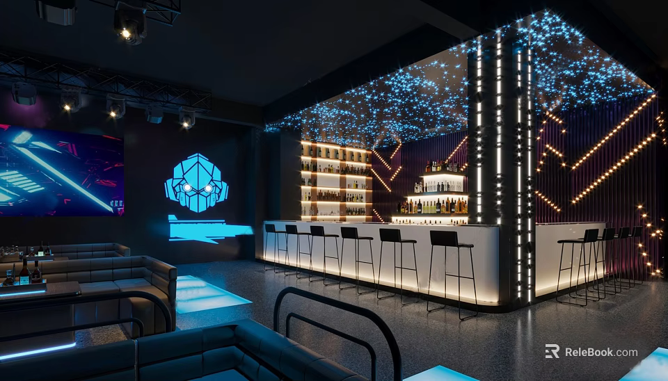 Modern Bar Interior Design With Counter Stools Lighting Decor And Beverage Shelves 3d model 