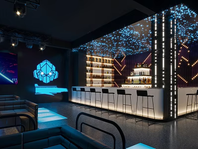 Modern Bar Interior Design With Counter Stools Lighting Decor And Beverage Shelves 3d model