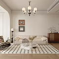 Living And Dining Room Interior With Beige Sofa Black White Geometric Rug Rocking Chair Chandelier