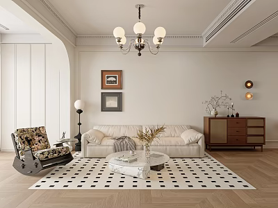 Living And Dining Room Interior With Beige Sofa Black White Geometric Rug Rocking Chair Chandelier 3d model