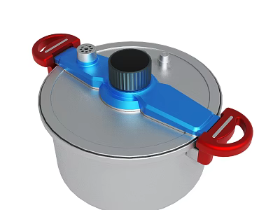 Stainless Steel Pressure Cooker With Silver Body Blue Handle And Red Knobs 3d model