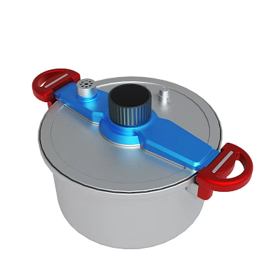 Stainless Steel Pressure Cooker With Silver Body Blue Handle And Red Knobs 3d model