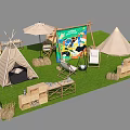 Outdoor Camping Setup With Tipi Tents Grass Display Board And Wooden Crates