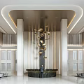 Elegant Modern Front Desk Reception Area With Marble Counter Pendant Lights And Sofas 3d model