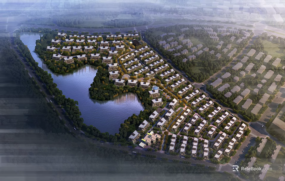 Aerial Planning of Residential Community With Central Lake Greenery And Road Networks 3d model 