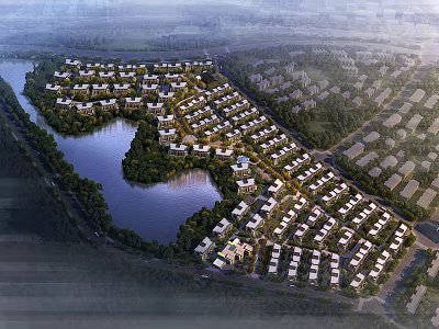 Aerial Planning of Residential Community With Central Lake Greenery And Road Networks 3d model