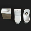 Modern Toilet with Wooden Cabinet Sink and Bidet in Bathroom Setup