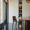 Modern Restaurant Interior Design With Round Dining Table Metal Chairs Pendant Light And Marble Floor