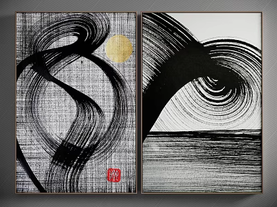 Modern Abstract Wall Decor With Black Curved Lines Golden Circle Red Seal Gray Texture 3d model
