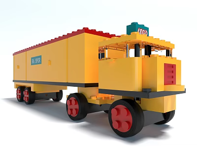Yellow Building Blocks Truck With Red Roof Red Wheels And Green LEGO Logo 3d model