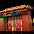 Traditional Storefront Entrance with Red Double Doors Golden Decorations and Colorful Tassels