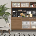 Natural Wooden Sideboard With Glass Mesh Doors Coffee Machine Bowls And Green Plants