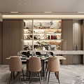 Elegant Modern Restaurant Interior With Dining Table Beige Chairs Wall Artwork And Wine Rack 3d model