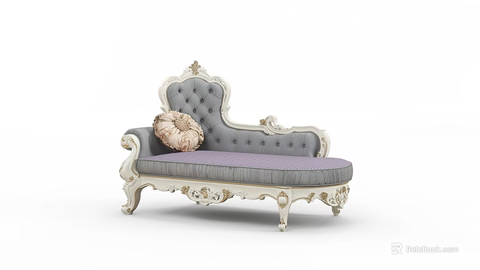 European Style Carved Chaise Lounge With White Frame Gray Cushion And Beige Pillow 3d model 