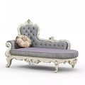 European Style Carved Chaise Lounge With White Frame Gray Cushion And Beige Pillow