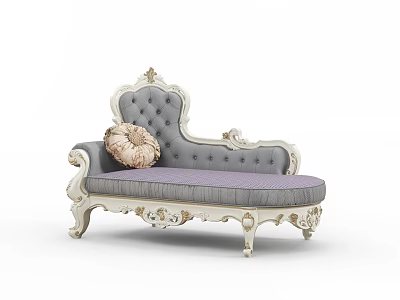 European Style Carved Chaise Lounge With White Frame Gray Cushion And Beige Pillow 3d model