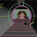Cartoon Scene Featuring Tunnel Circular Entrance Wooden Floor Black Box and Gray Walls