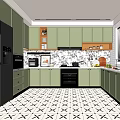 Modern Kitchen Interior With Green Cabinets Black Refrigerator And Black White Geometric Floor Tiles