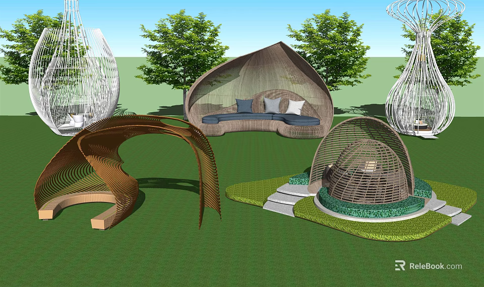 Various Woven Pergola Designs With Curved Structures Green Lawn And Trees 3d model 