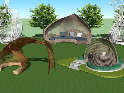 Various Woven Pergola Designs With Curved Structures Green Lawn And Trees 3d model