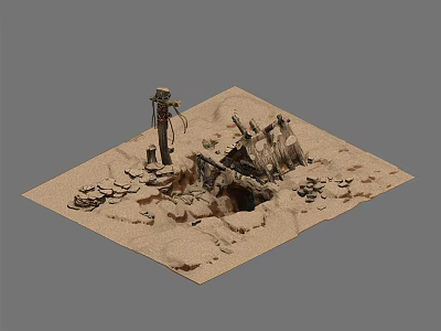 Ancient Ruined Architectural Components With Stone Blocks And Pillar On Sandy Ground 3d model